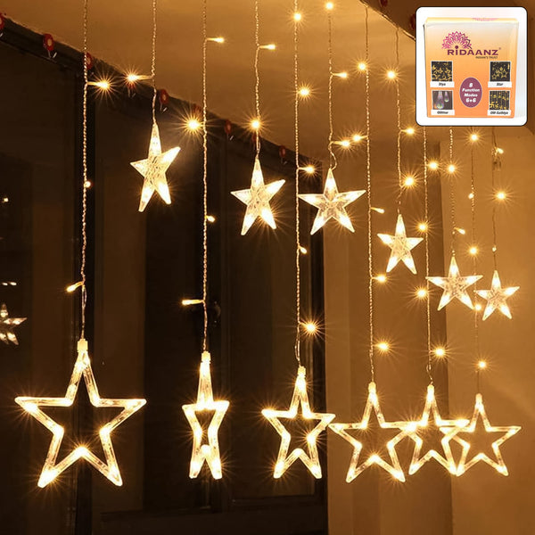 12 Stars LED Curtain String Lights with 8 Flashing Modes for Home Decoration, Diwali & Wedding LED Christmas Light Indoor and Outdoor Light ,Festival Decoration  (Warm White / With Box)