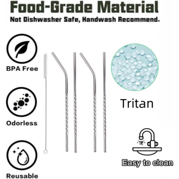 Set of 4 Stainless Steel Straws & Brush (2 Straight straws, 2 Bent straws, 1 Brush)